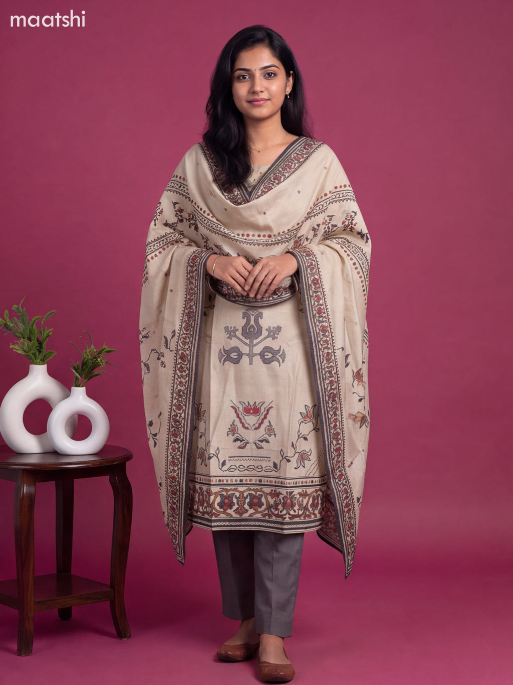 Beige and Dark Grey Modal Printed & Simple Embroidery Work Straight Suit