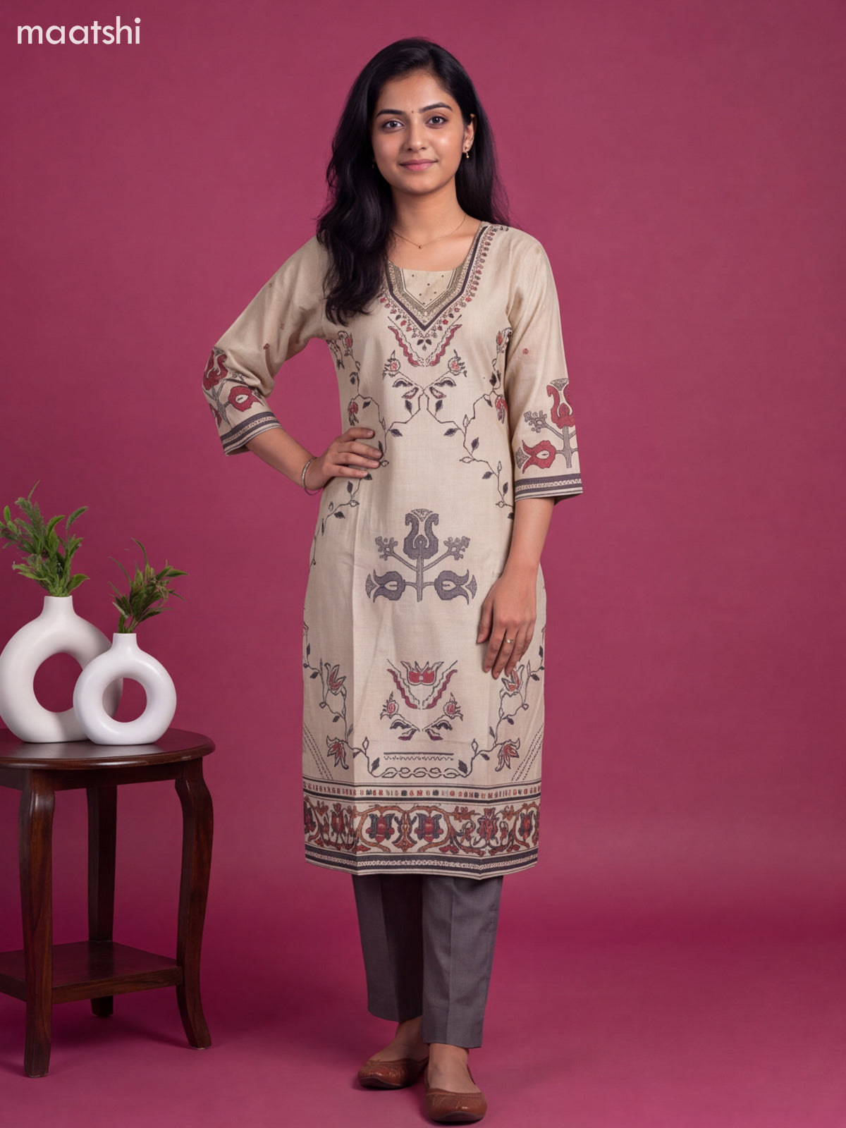 Beige and Dark Grey Modal Printed & Simple Embroidery Work Straight Suit
