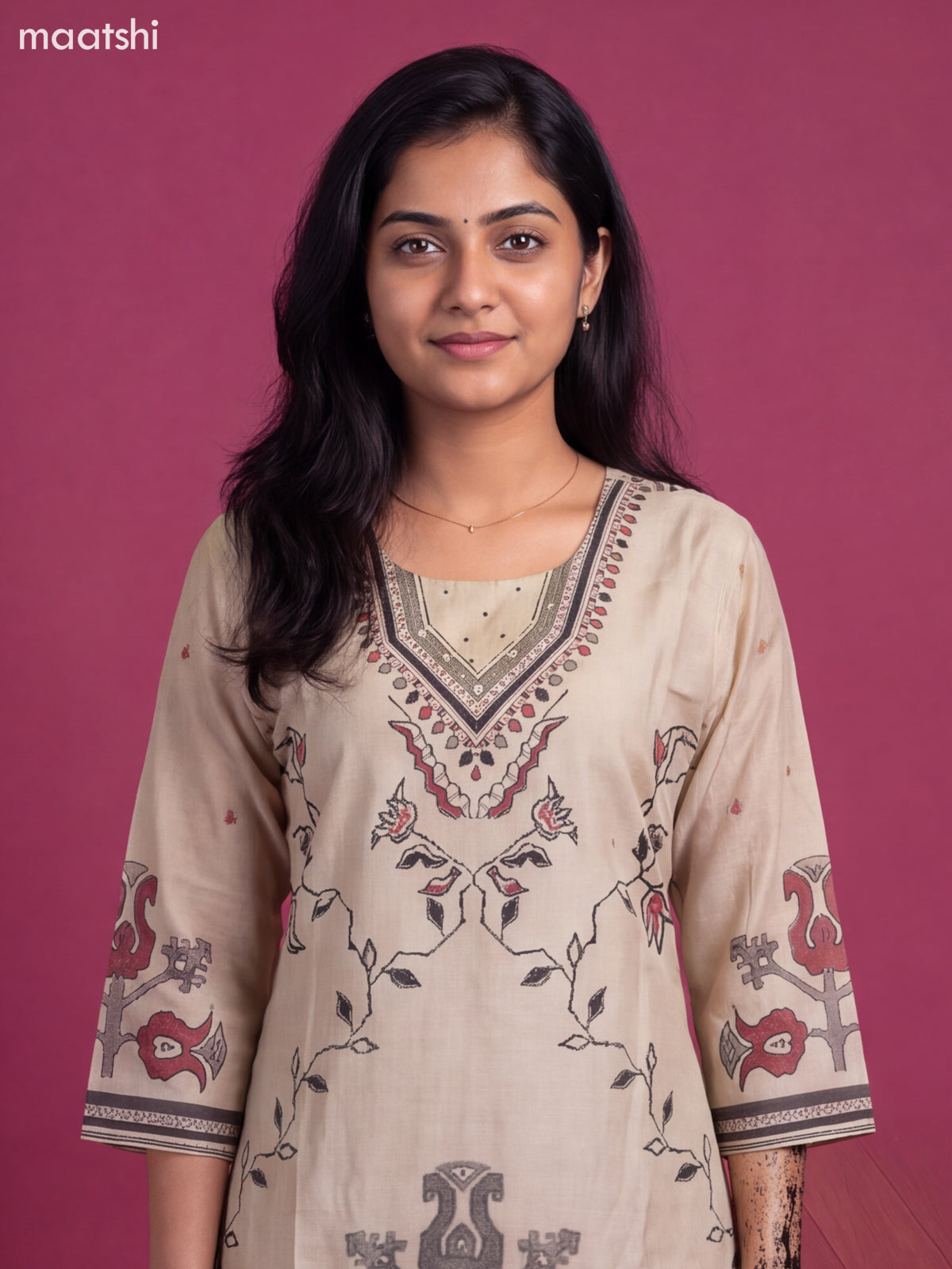 Beige and Dark Grey Modal Printed & Simple Embroidery Work Straight Suit