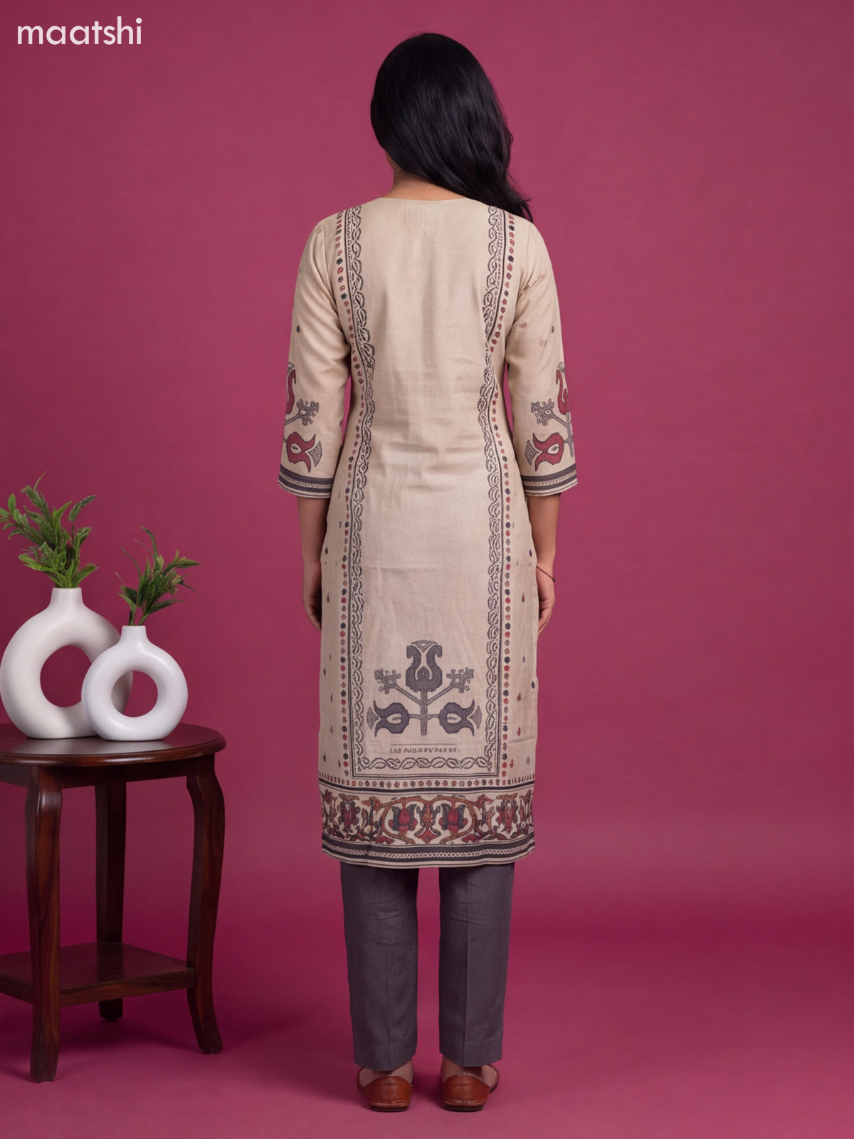 Beige and Dark Grey Modal Printed & Simple Embroidery Work Straight Suit