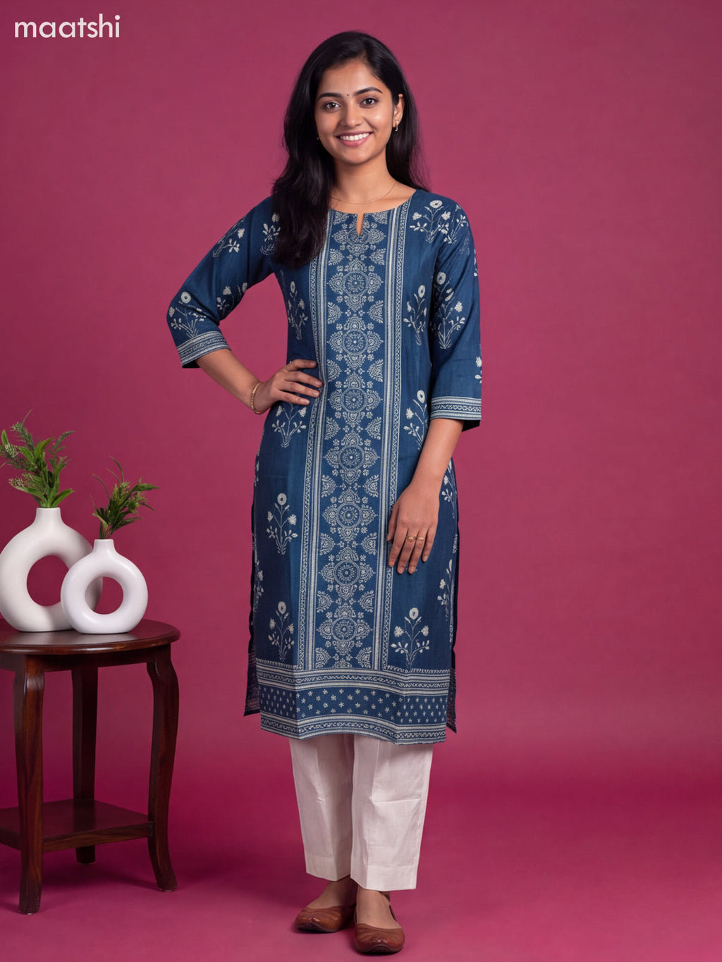 Pecock Blue Modal Printed & Embroidery Work Straight Suit