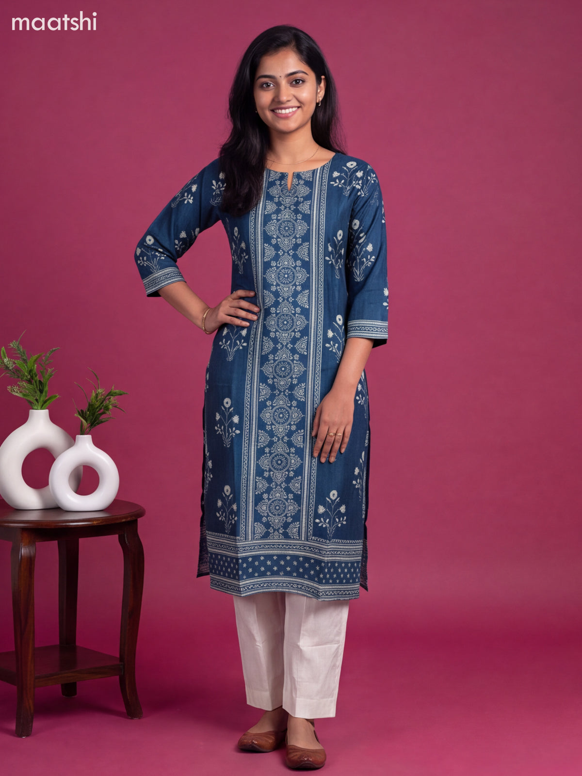 Pecock Blue Modal Printed & Embroidery Work Straight Suit
