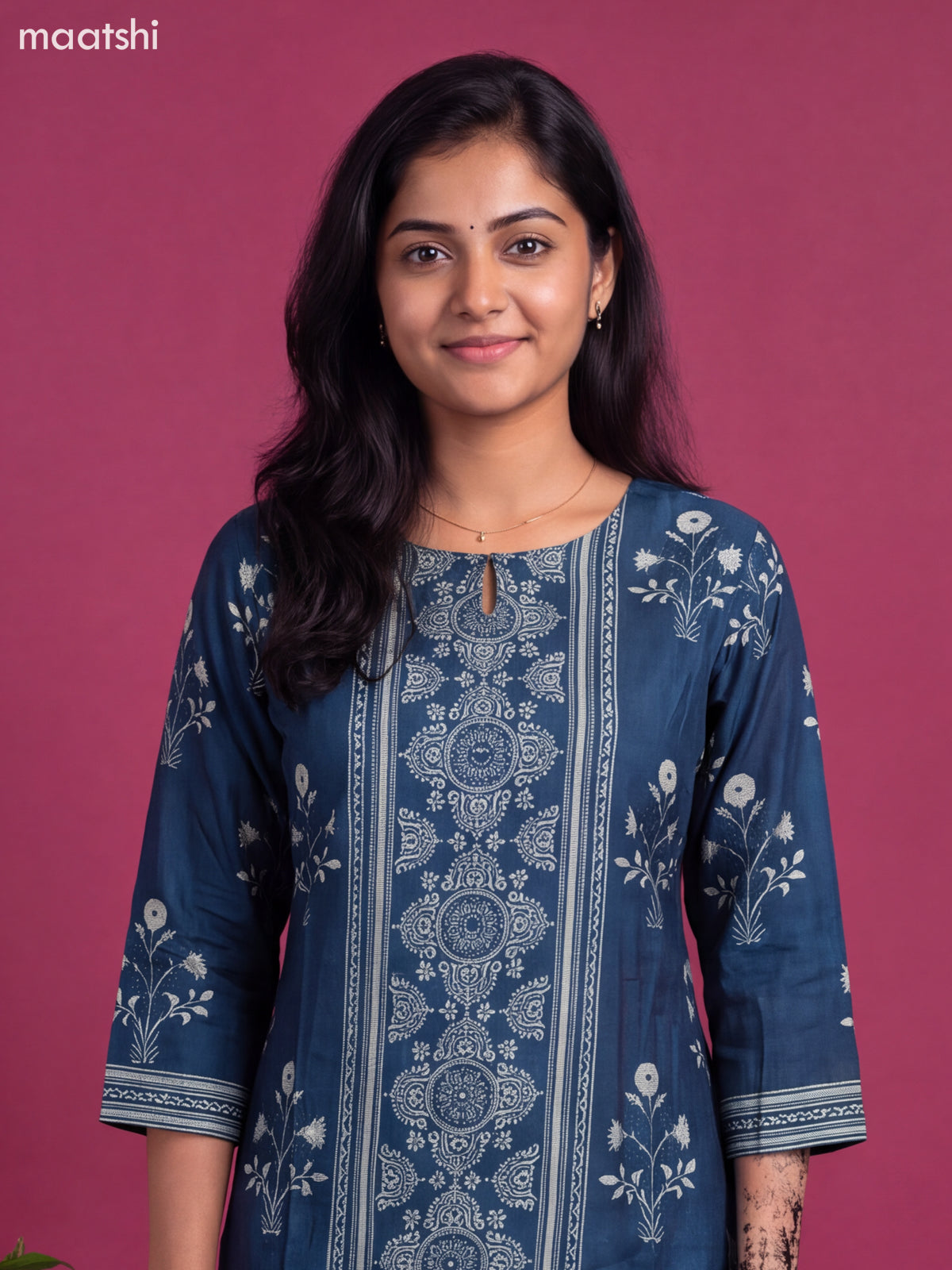 Pecock Blue Modal Printed & Embroidery Work Straight Suit