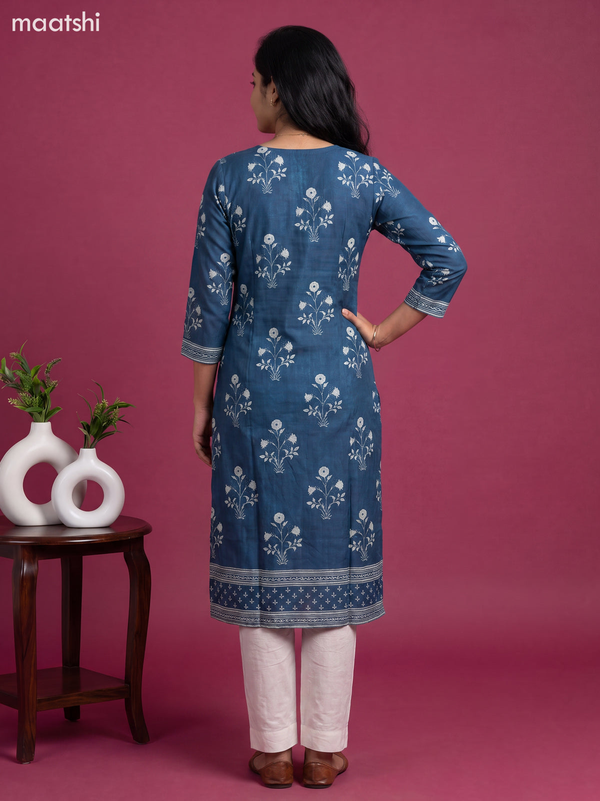 Pecock Blue Modal Printed & Embroidery Work Straight Suit