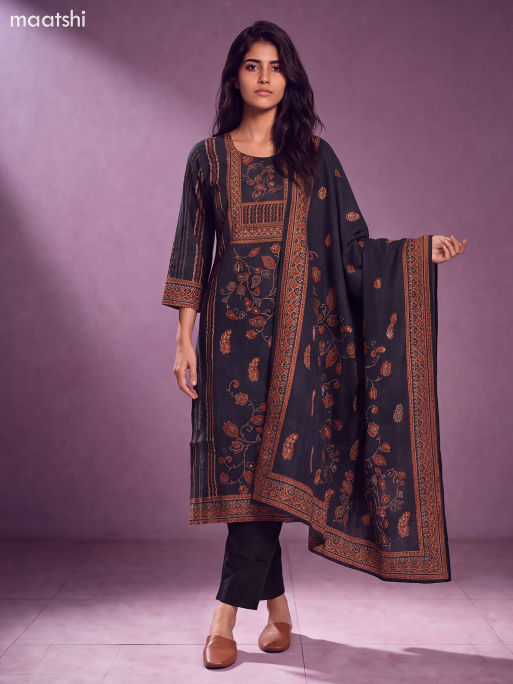 Black Modal Printed & Embroidery Work Straight Suit