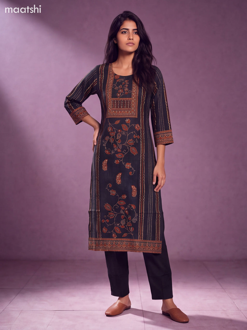 Black Modal Printed & Embroidery Work Straight Suit