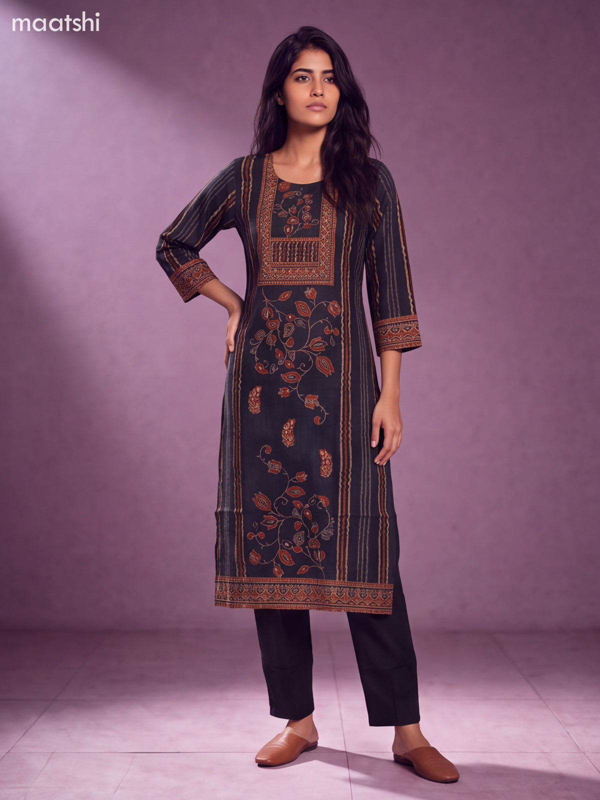 Black Modal Printed & Embroidery Work Straight Suit