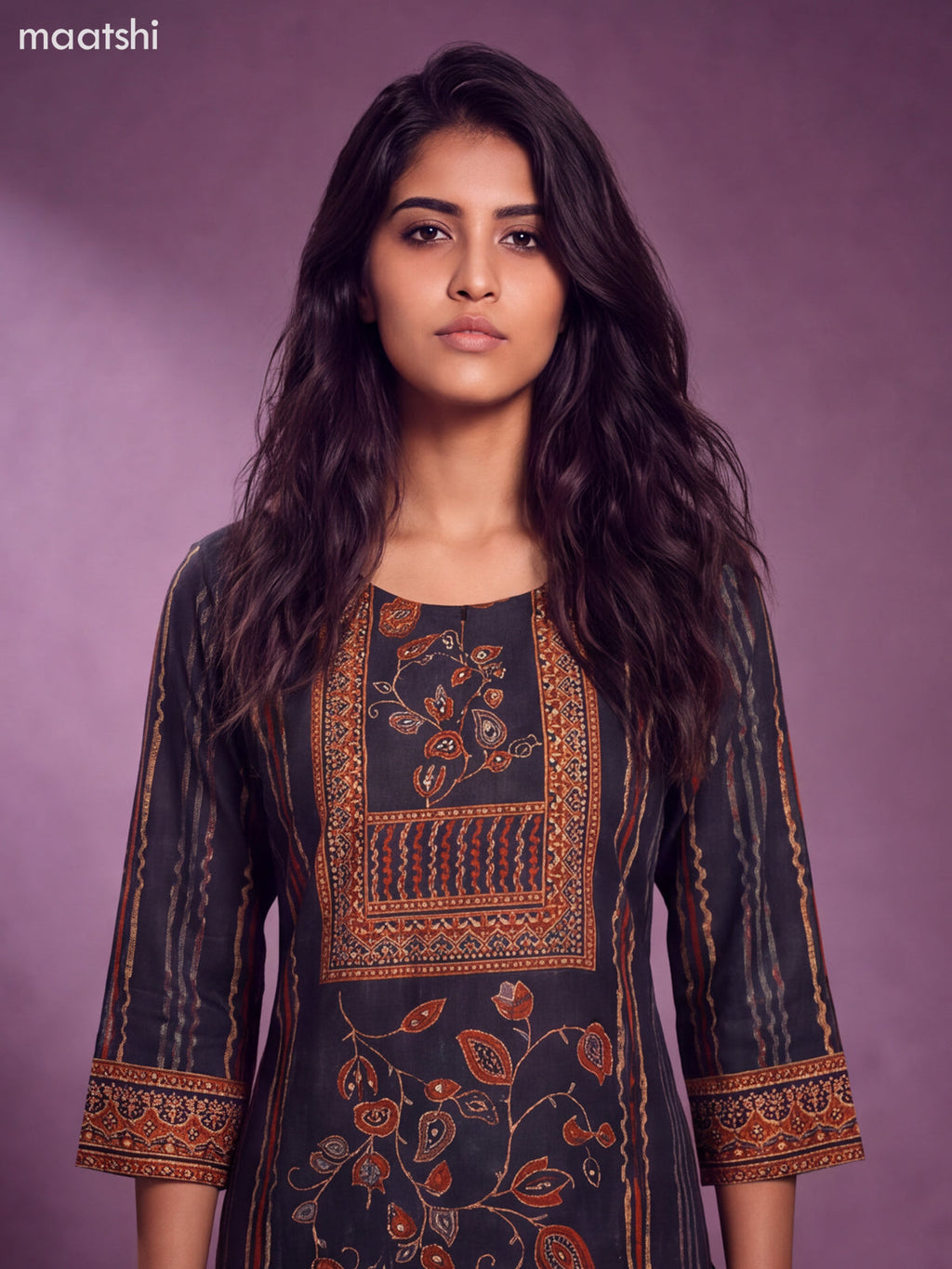 Black Modal Printed & Embroidery Work Straight Suit