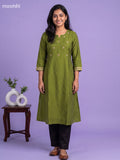 Green Cotton Embroidery Work A-Line Kurti