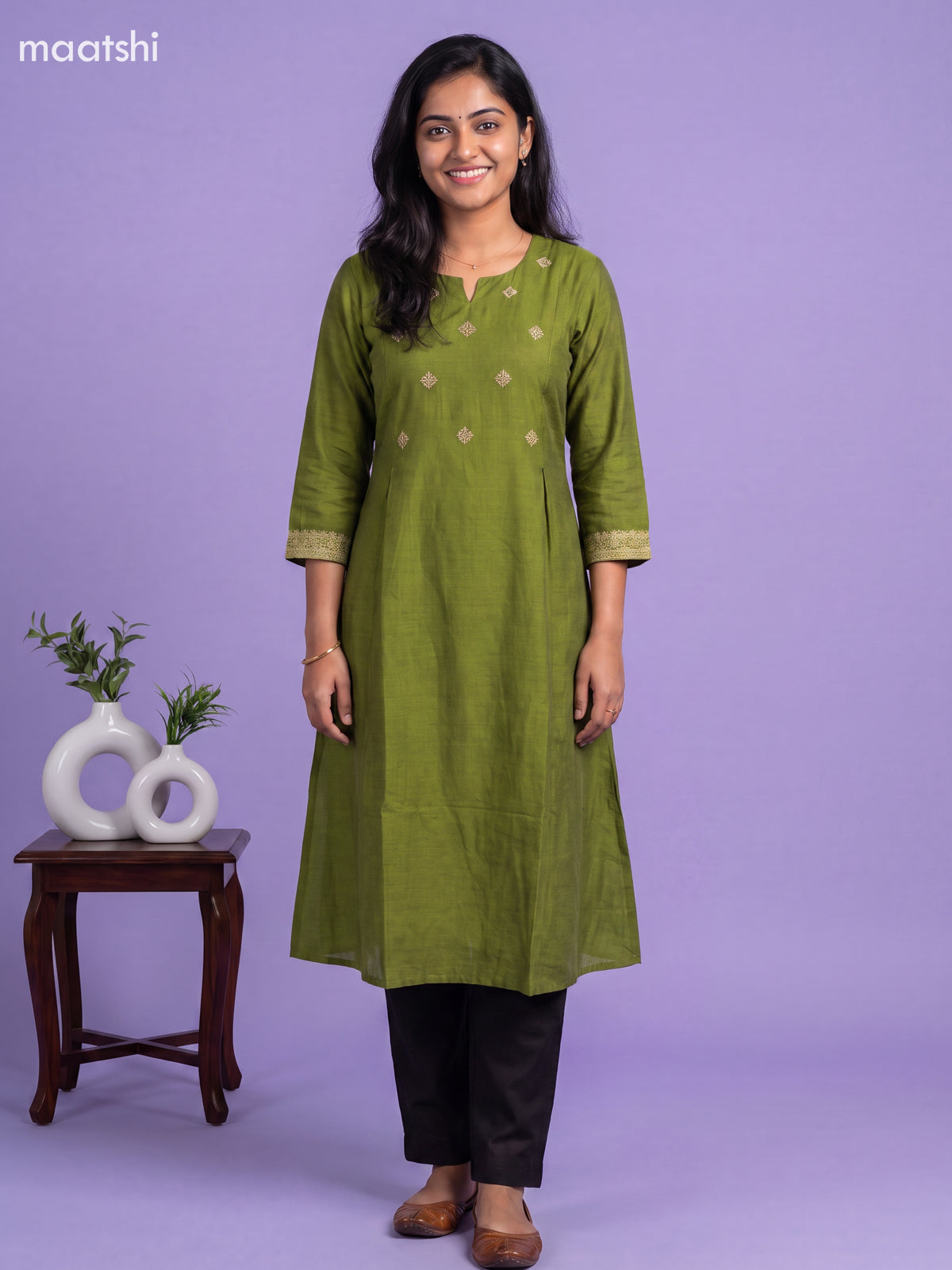 Green Cotton Embroidery Work A-Line Kurti