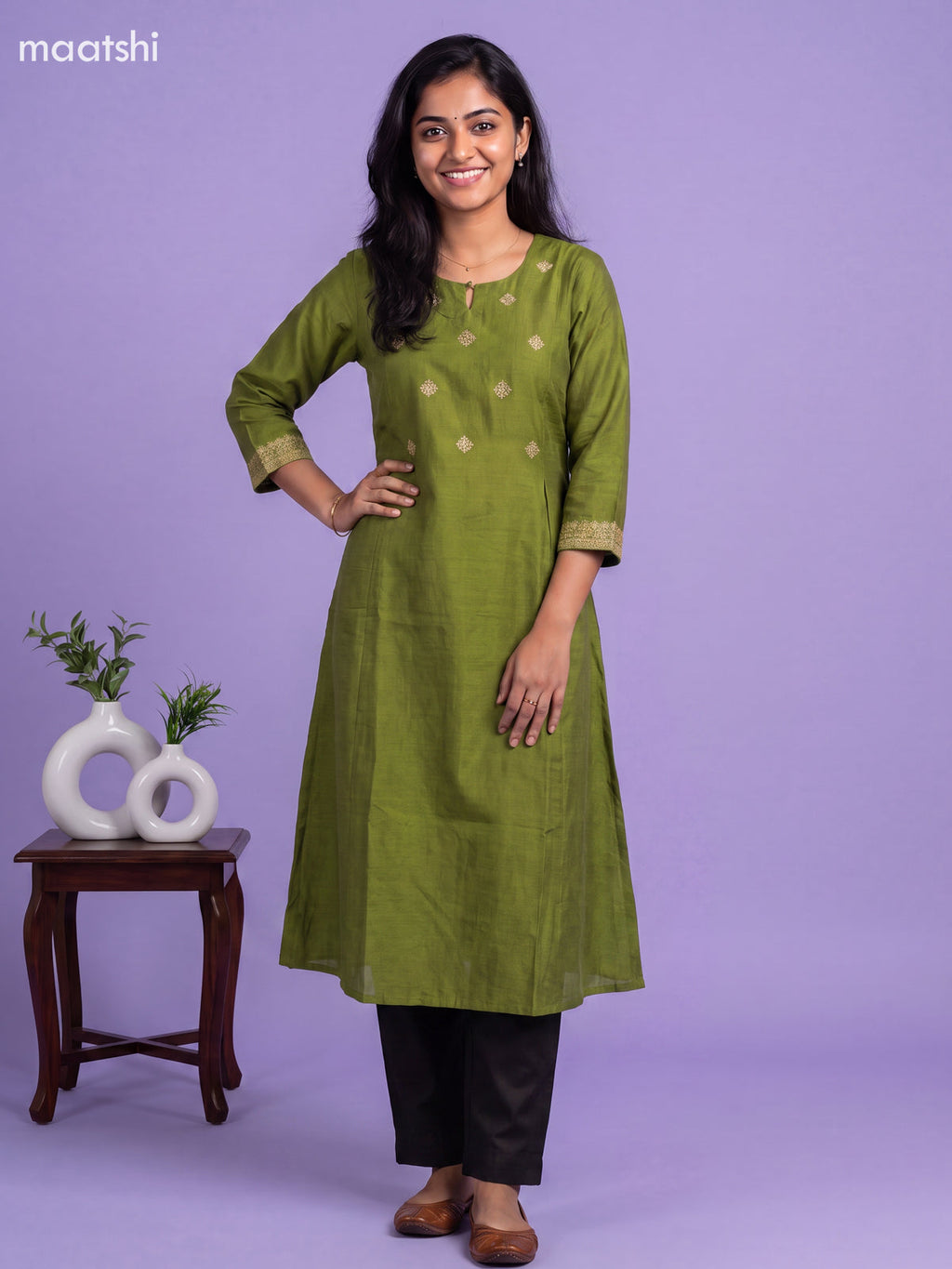 Green Cotton Embroidery Work A-Line Kurti