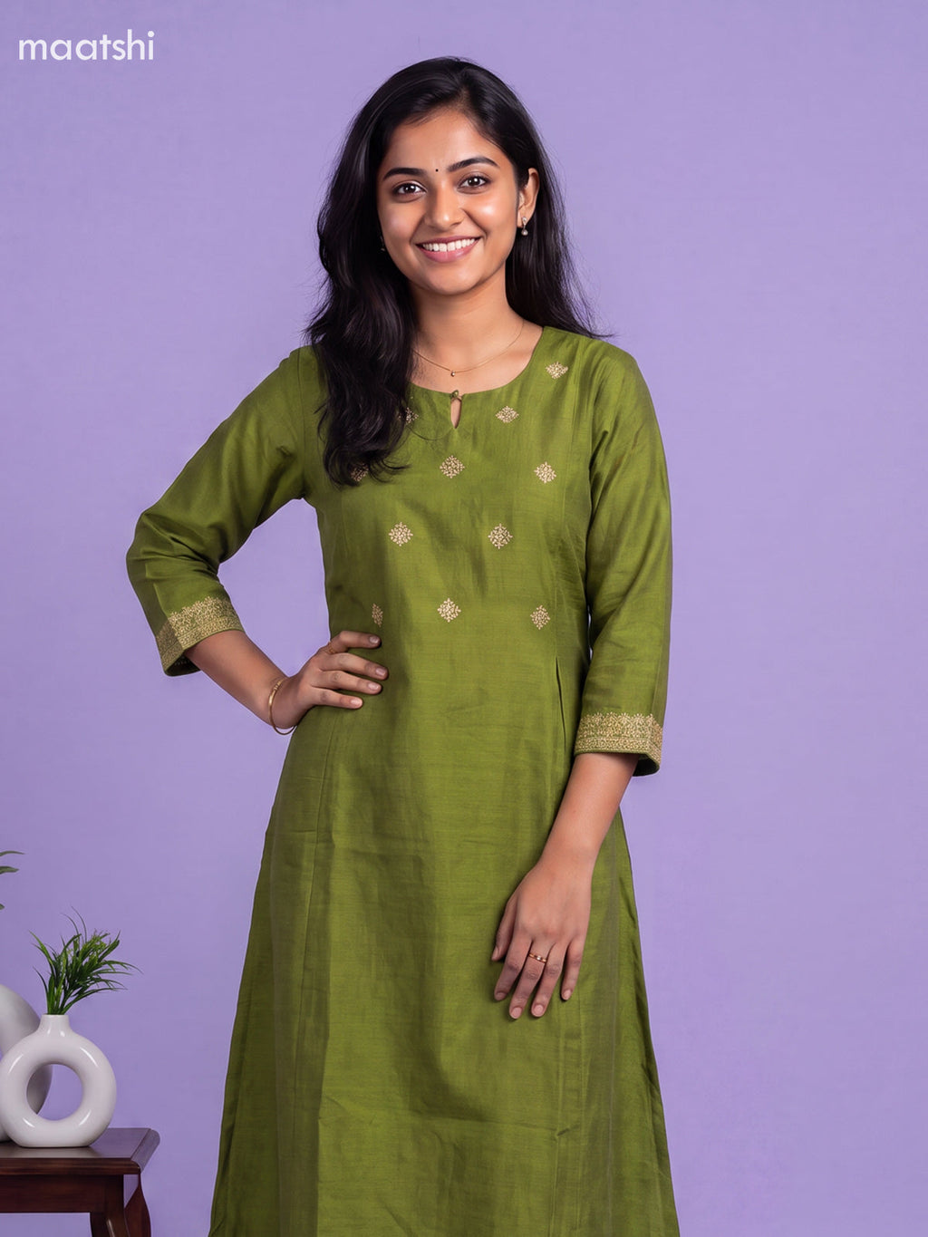 Green Cotton Embroidery Work A-Line Kurti