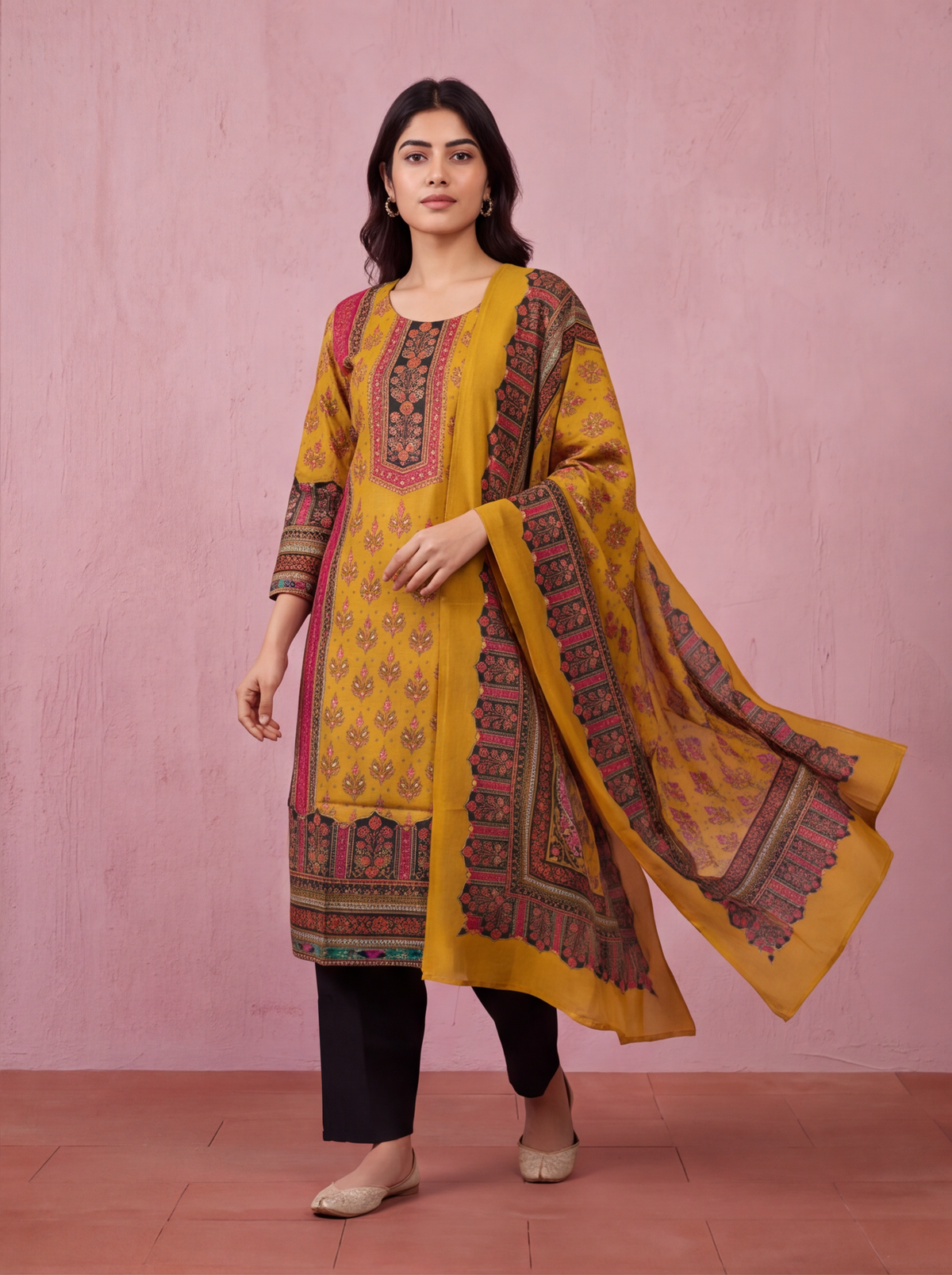 Mustard Yellow and Black Modal Allover Floral Printed & Embroidery Work Straight Suit
