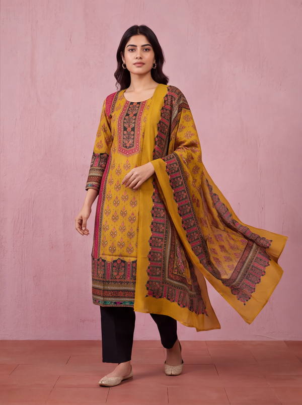 Mustard Yellow and Black Modal Allover Floral Printed & Embroidery Work Straight Suit