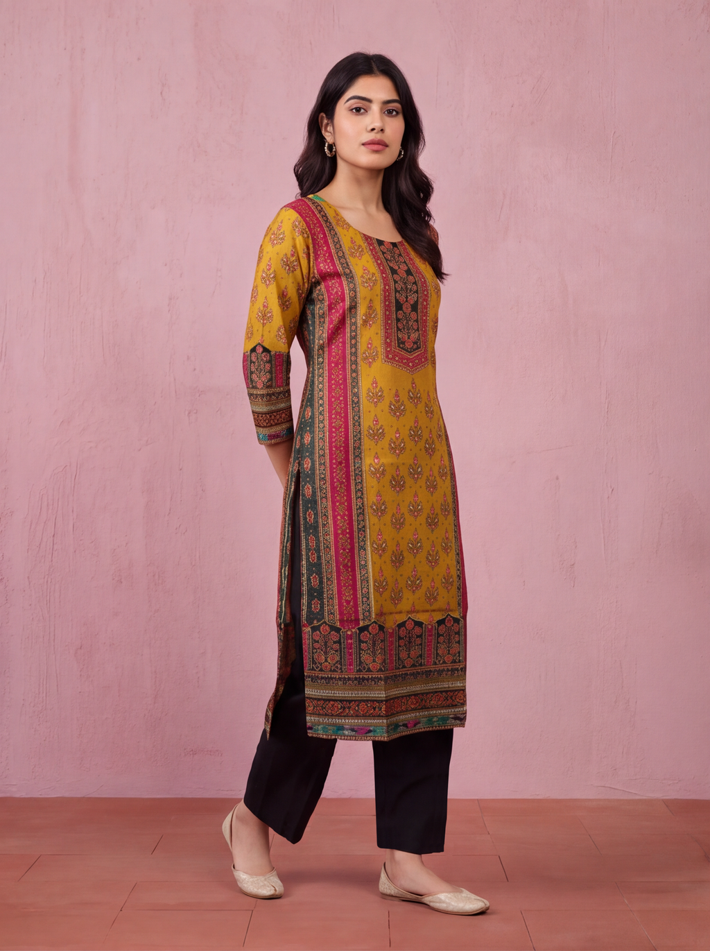 Mustard Yellow and Black Modal Allover Floral Printed & Embroidery Work Straight Suit