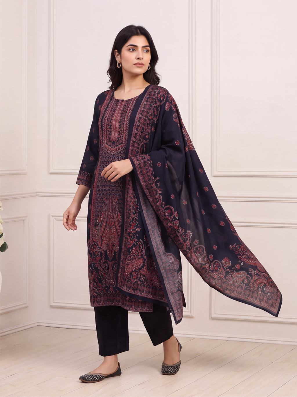 Black and Red Modal Allover Floral Printed & Embroidery Work Straight Suit