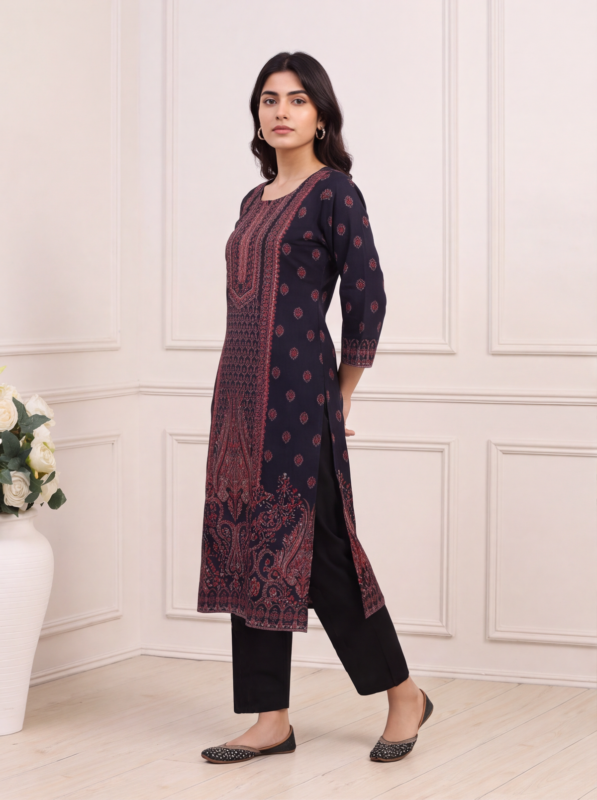 Black and Red Modal Allover Floral Printed & Embroidery Work Straight Suit