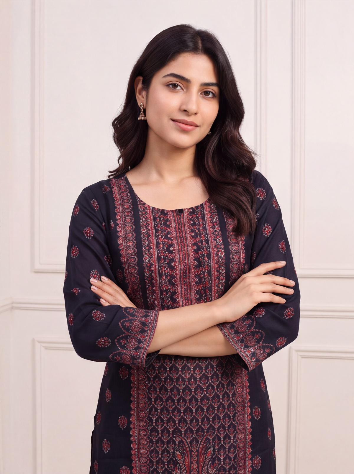 Black and Red Modal Allover Floral Printed & Embroidery Work Straight Suit