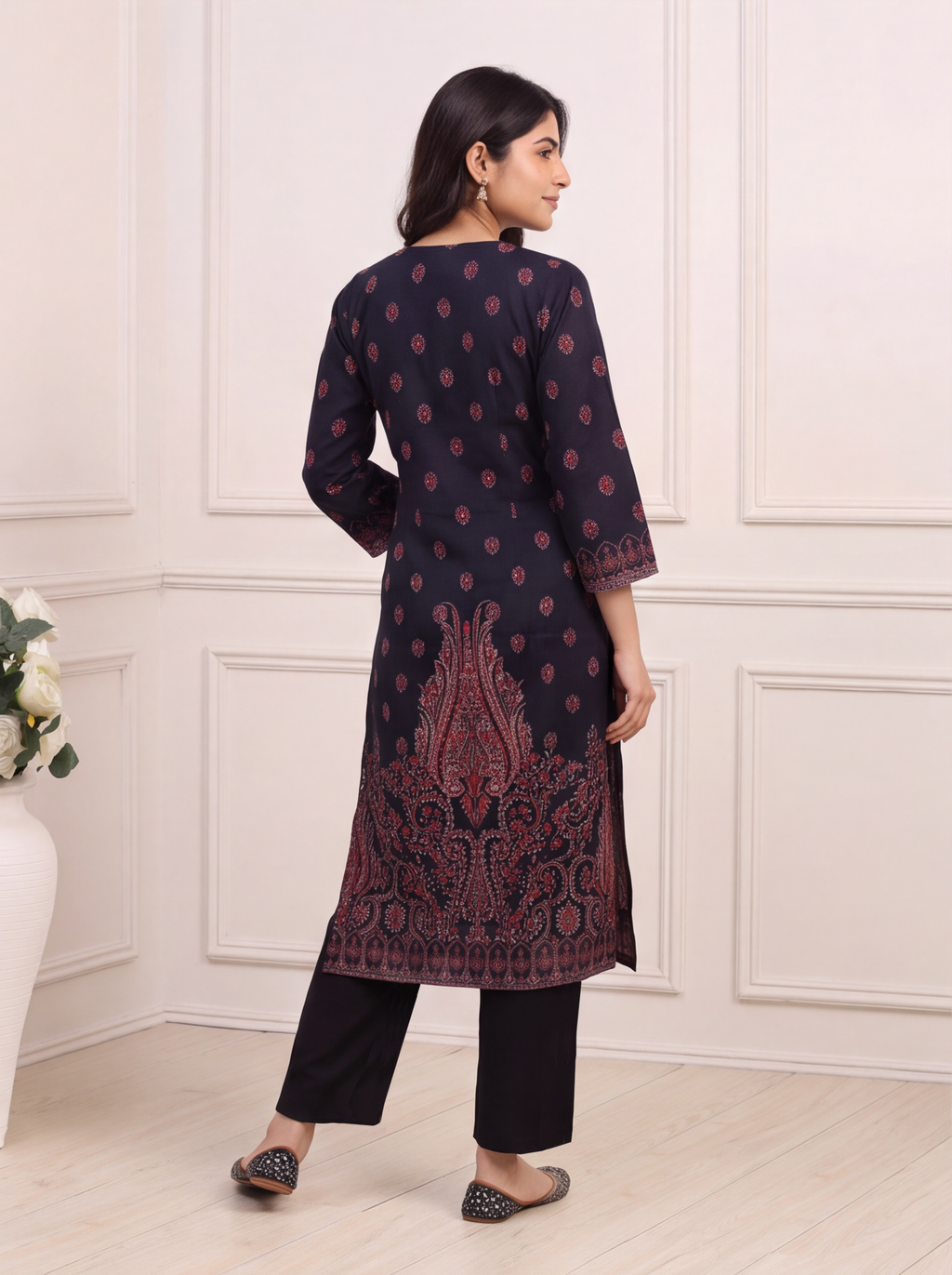 Black and Red Modal Allover Floral Printed & Embroidery Work Straight Suit