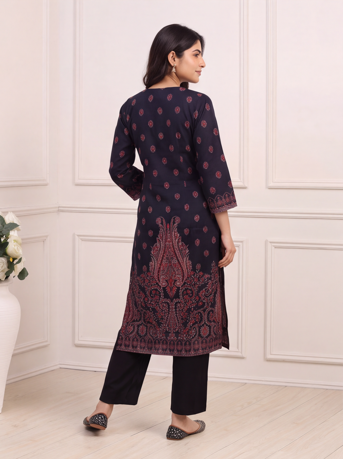 Black and Red Modal Allover Floral Printed & Embroidery Work Straight Suit