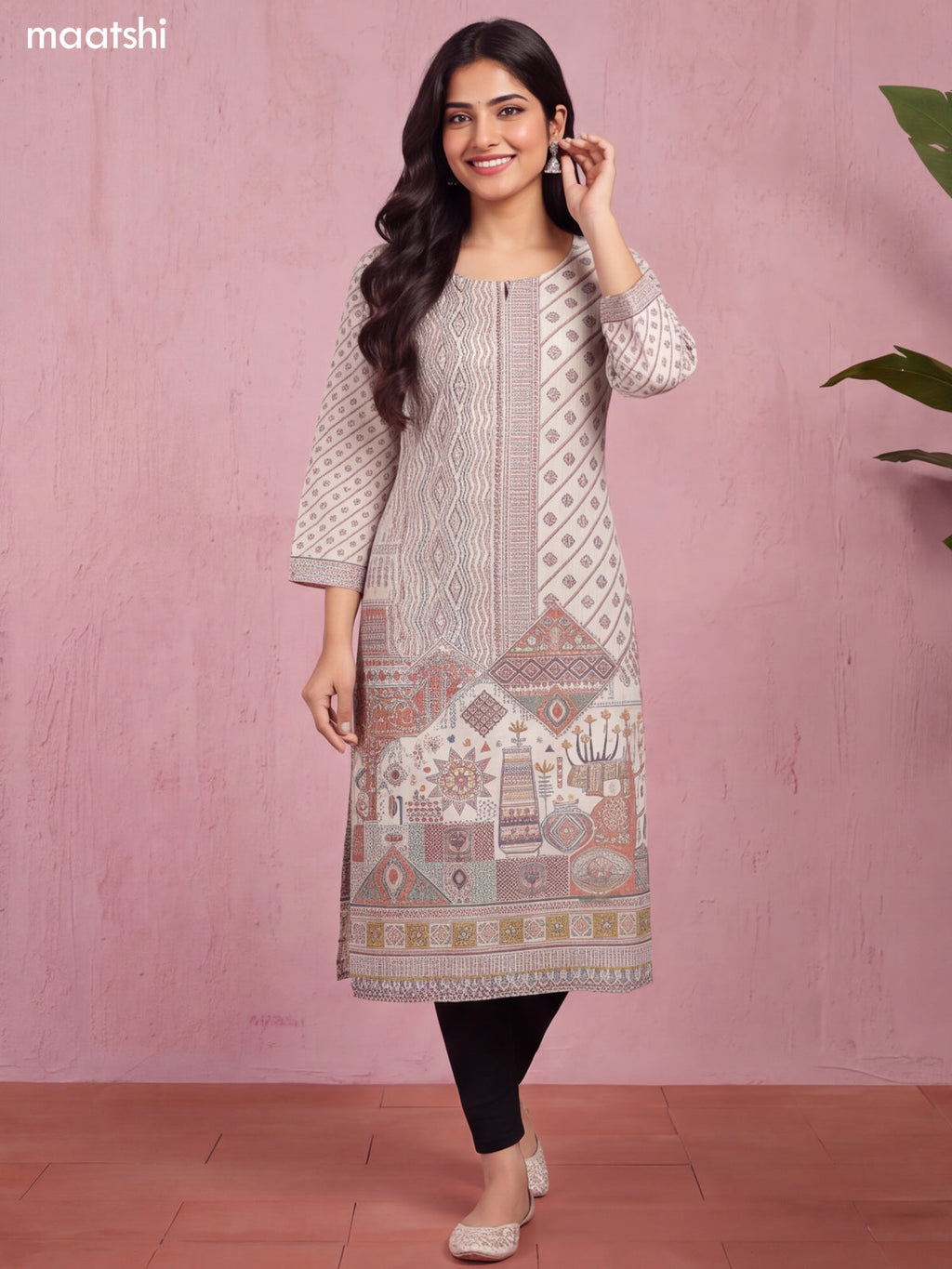 Cream Cotton Allover Printed & Simple Embroidery Work Long Straight Kurti