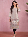 Cream Cotton Allover Printed & Simple Embroidery Work Long Straight Kurti