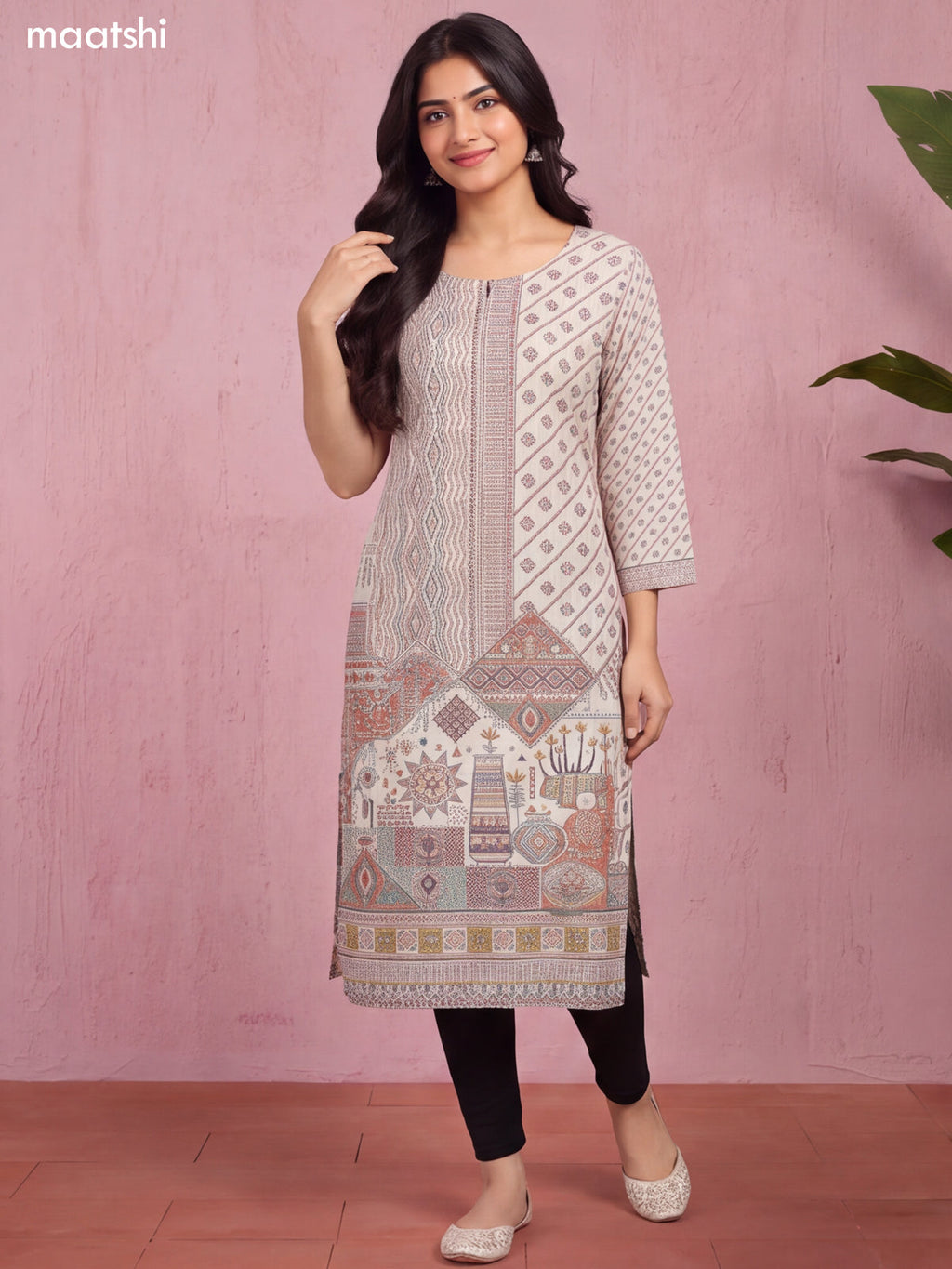 Cream Cotton Allover Printed & Simple Embroidery Work Long Straight Kurti