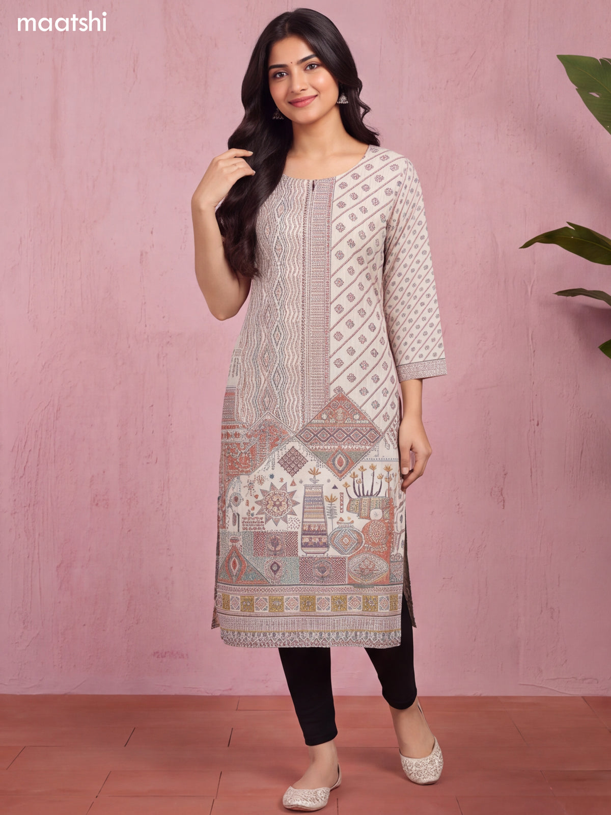 Cream Cotton Allover Printed & Simple Embroidery Work Long Straight Kurti