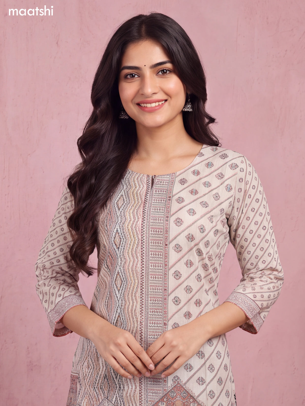 Cream Cotton Allover Printed & Simple Embroidery Work Long Straight Kurti
