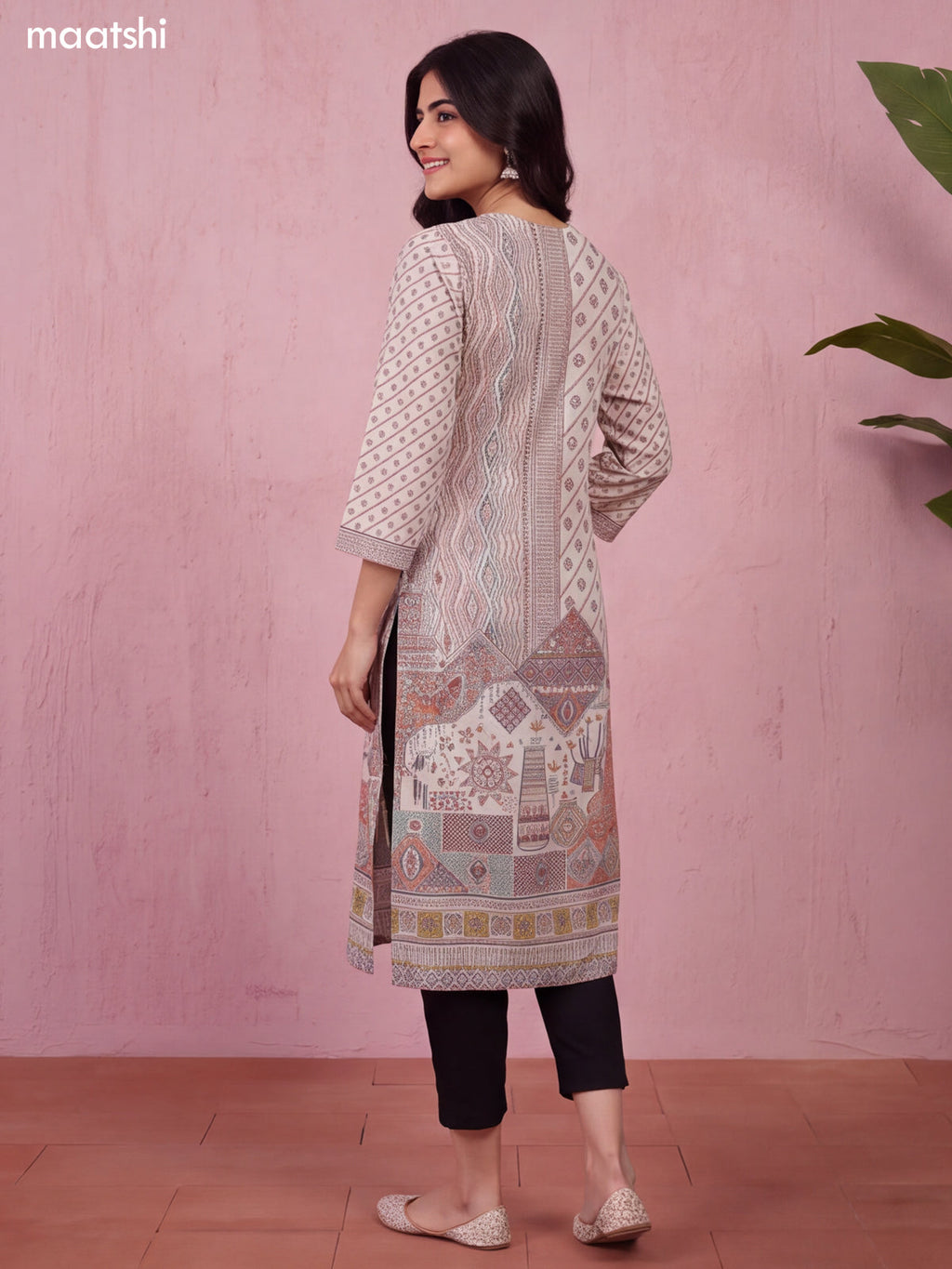Cream Cotton Allover Printed & Simple Embroidery Work Long Straight Kurti