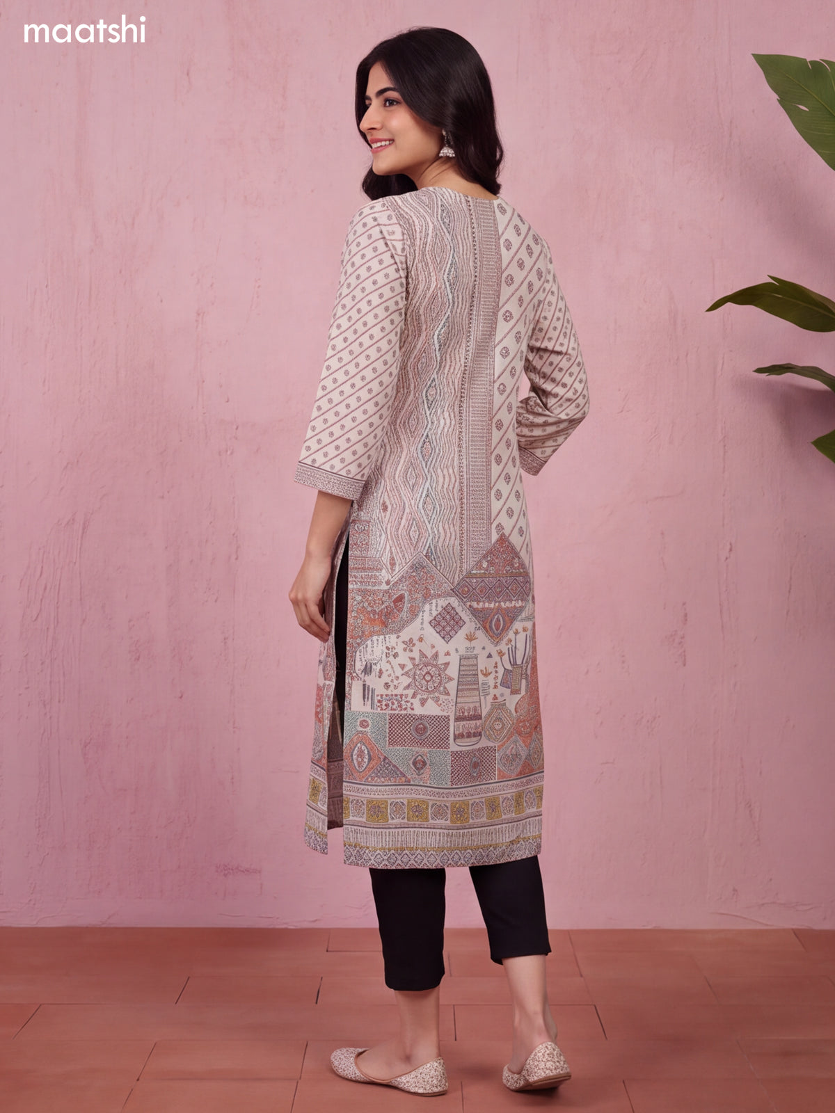 Cream Cotton Allover Printed & Simple Embroidery Work Long Straight Kurti