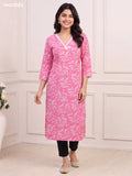 Pink and Off White Cotton Printed & Embroidery Work Long Straight Kurti