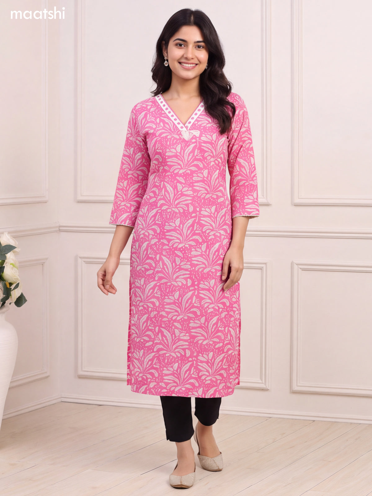 Pink and Off White Cotton Printed & Embroidery Work Long Straight Kurti