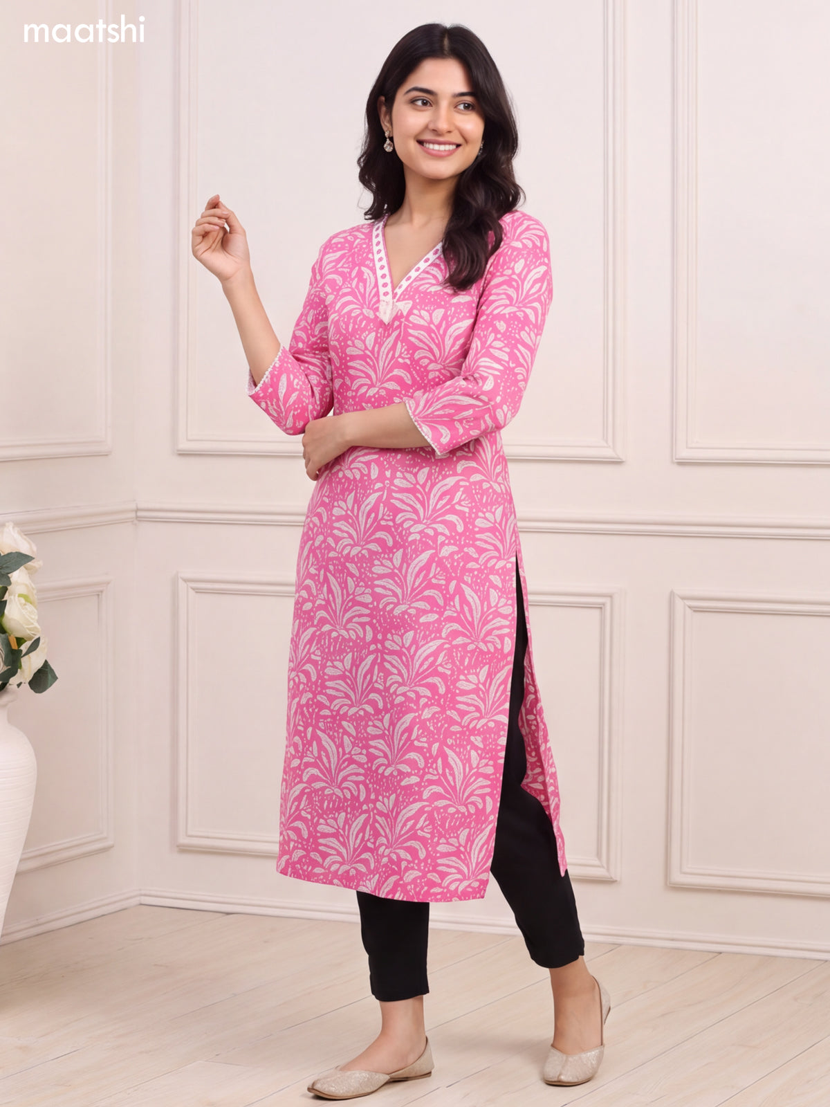 Pink and Off White Cotton Printed & Embroidery Work Long Straight Kurti