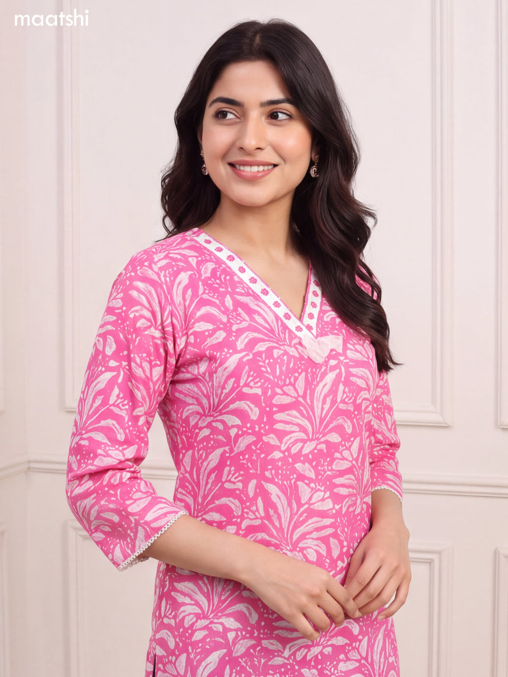 Pink and Off White Cotton Printed & Embroidery Work Long Straight Kurti