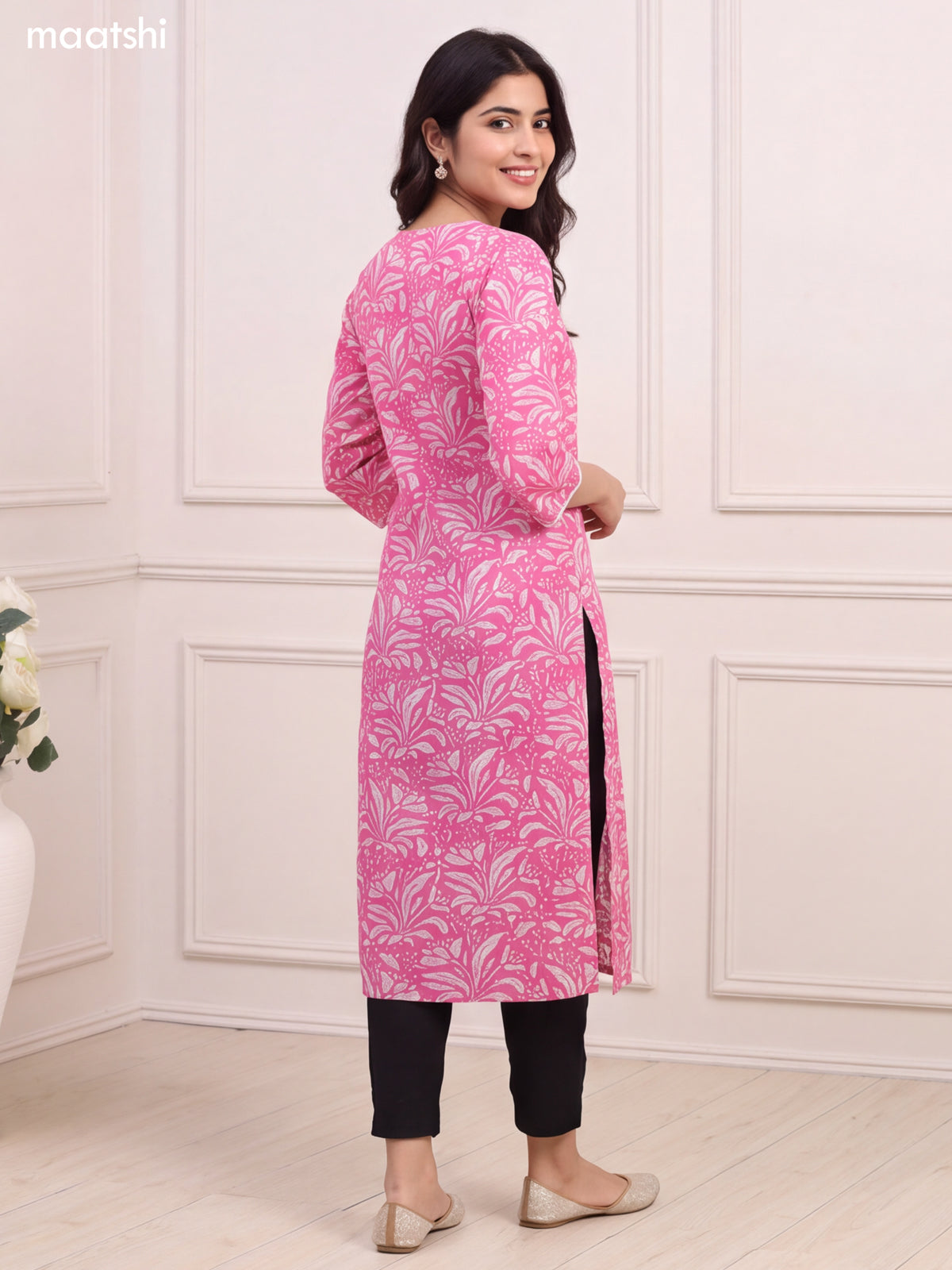 Pink and Off White Cotton Printed & Embroidery Work Long Straight Kurti