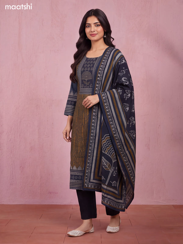 Dark Mustard and Black Modal Printed & Embroidery Work Straight Suit