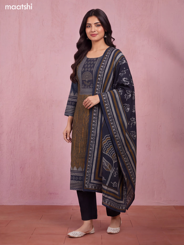 Dark Mustard and Black Modal Printed & Embroidery Work Straight Suit
