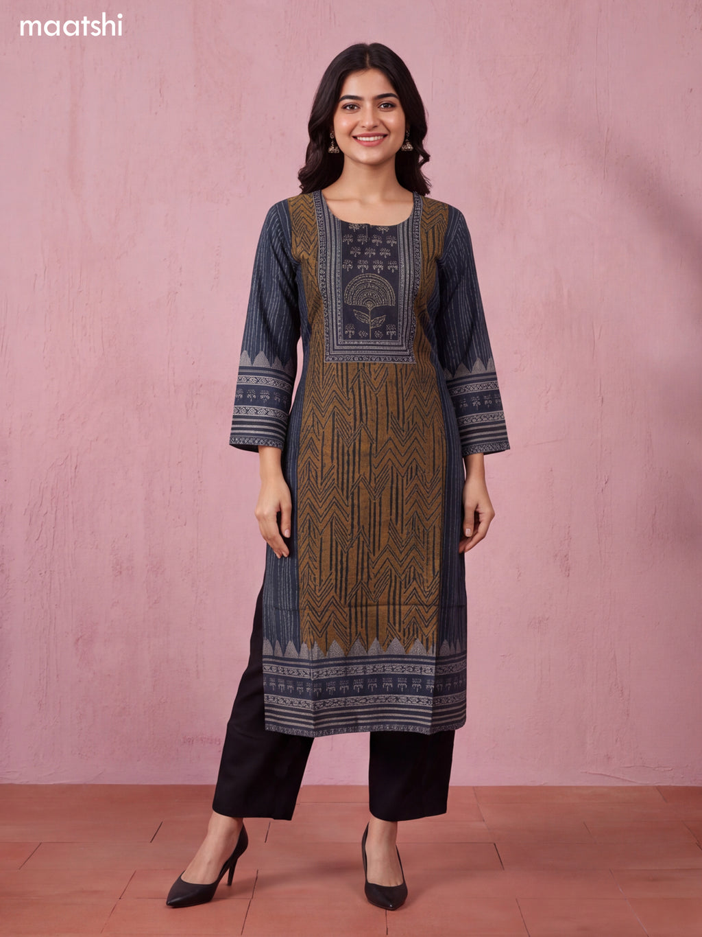 Dark Mustard and Black Modal Printed & Embroidery Work Straight Suit