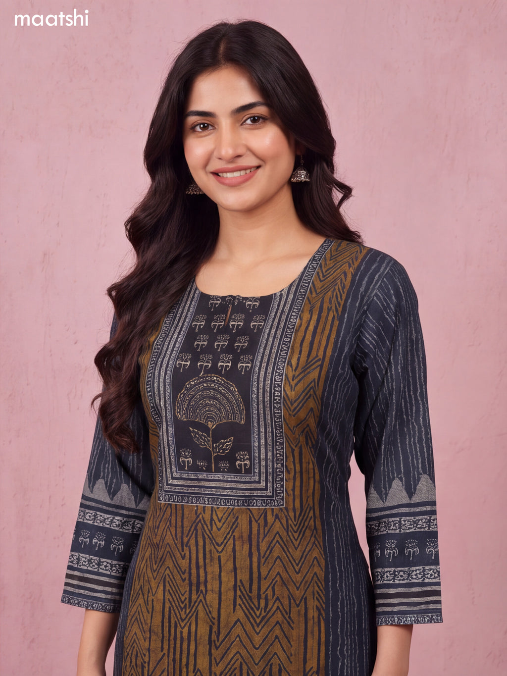 Dark Mustard and Black Modal Printed & Embroidery Work Straight Suit