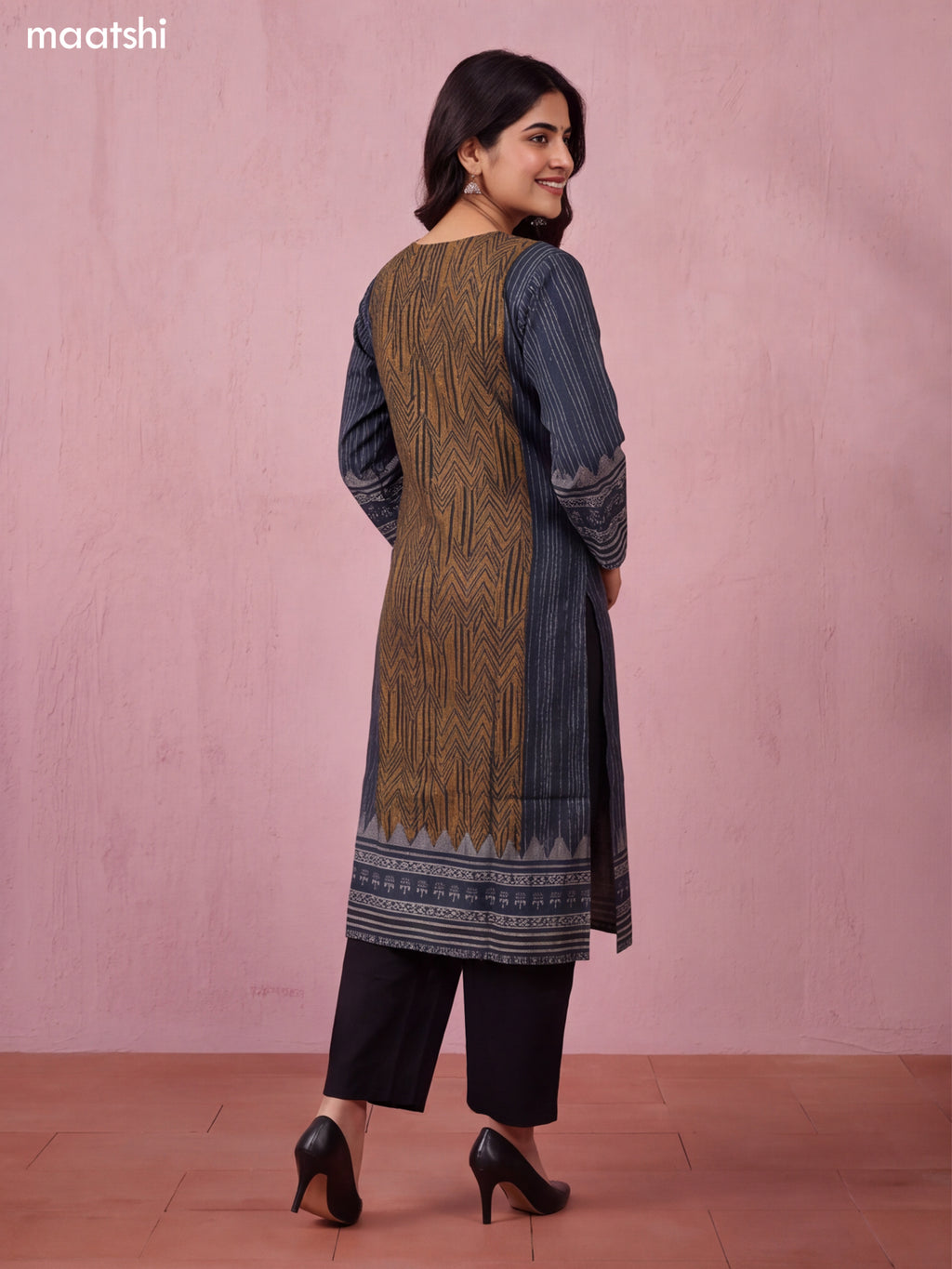 Dark Mustard and Black Modal Printed & Embroidery Work Straight Suit