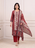 Biege and Dark Rust Modal Floral Printed & Embroidery Work Straight Suit
