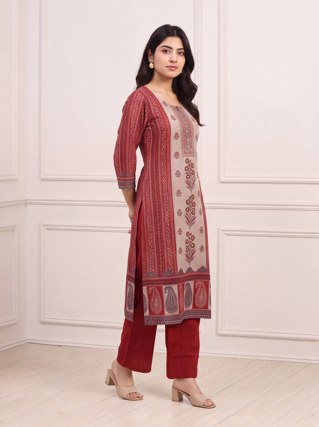 Biege and Dark Rust Modal Floral Printed & Embroidery Work Straight Suit