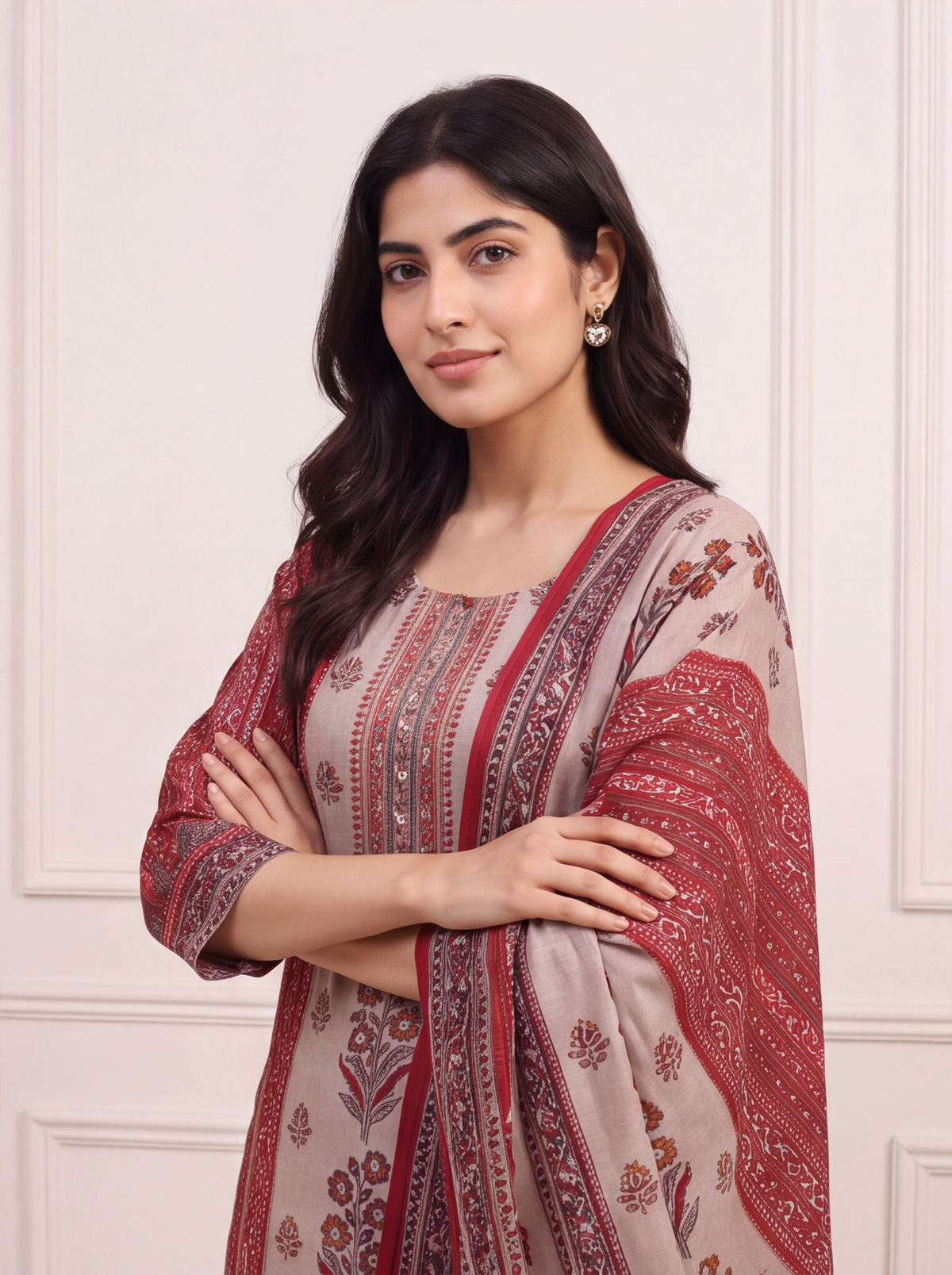 Biege and Dark Rust Modal Floral Printed & Embroidery Work Straight Suit