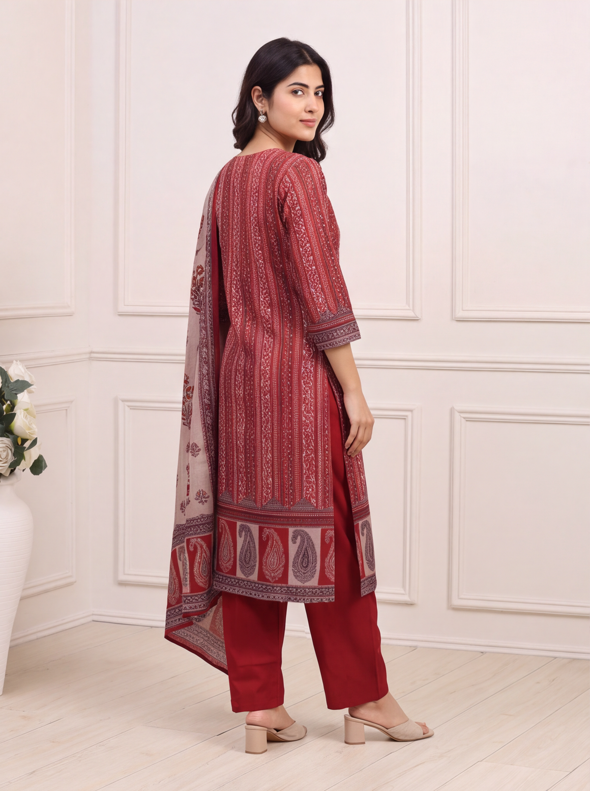 Biege and Dark Rust Modal Floral Printed & Embroidery Work Straight Suit