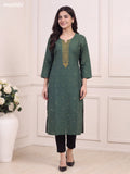 Green Cotton Embroidery Work Long Straight Kurti