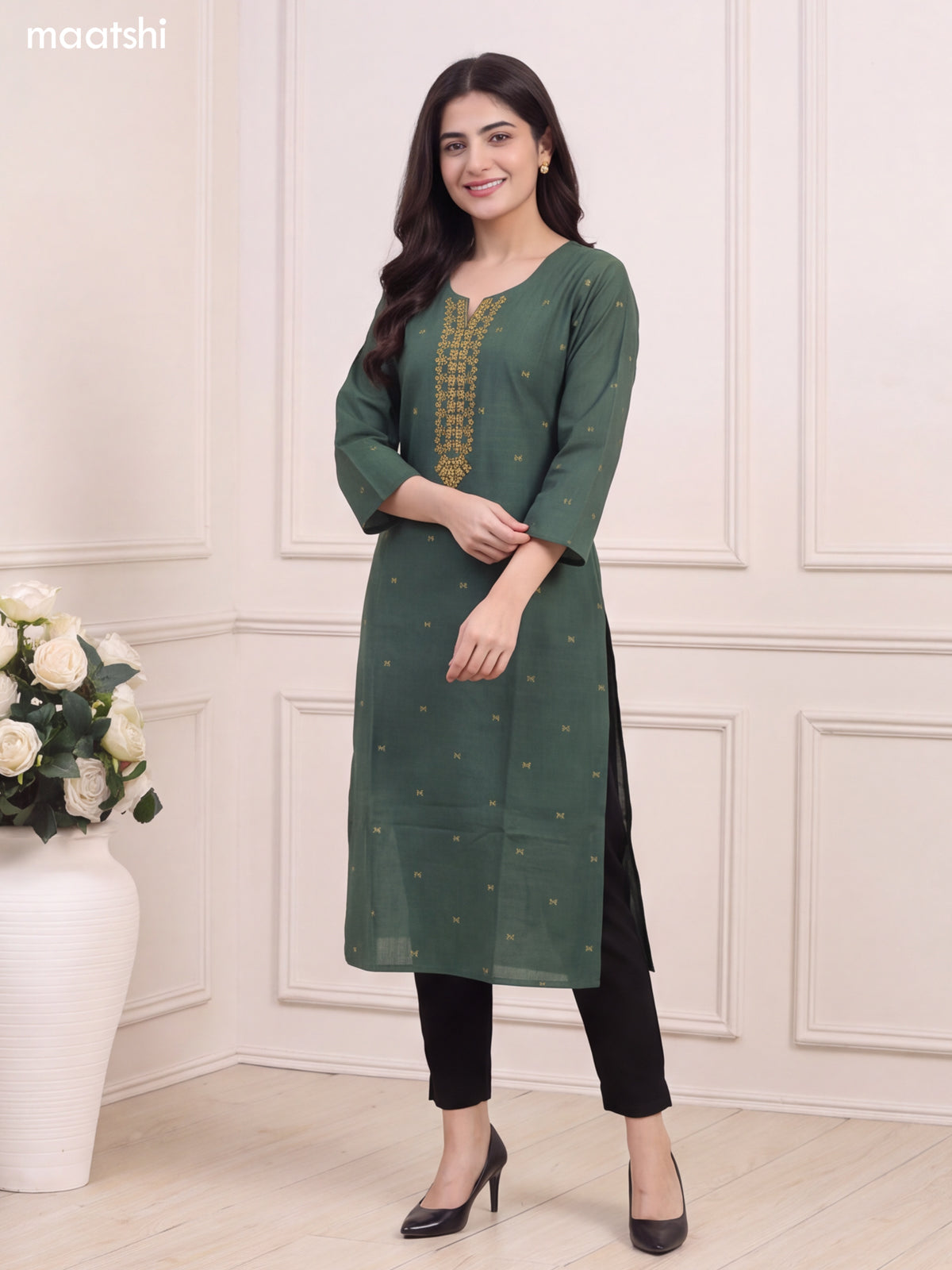 Green Cotton Embroidery Work Long Straight Kurti