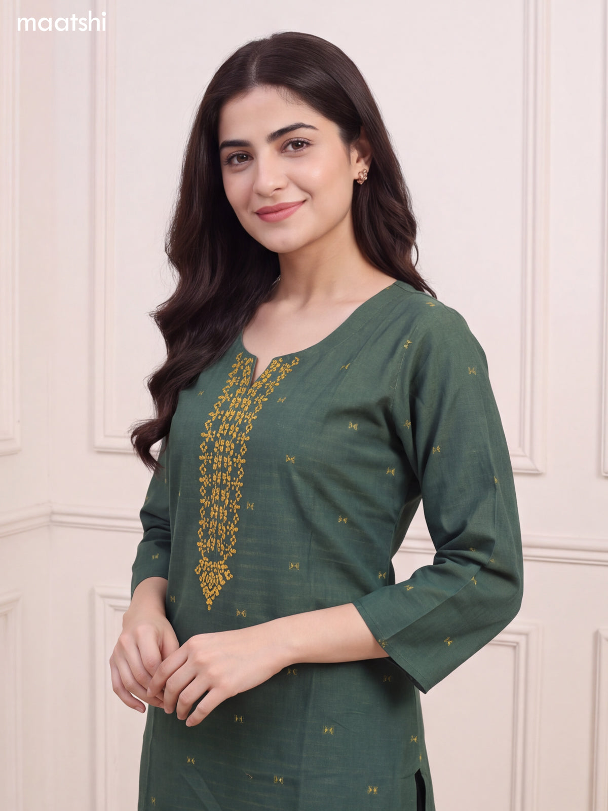 Green Cotton Embroidery Work Long Straight Kurti