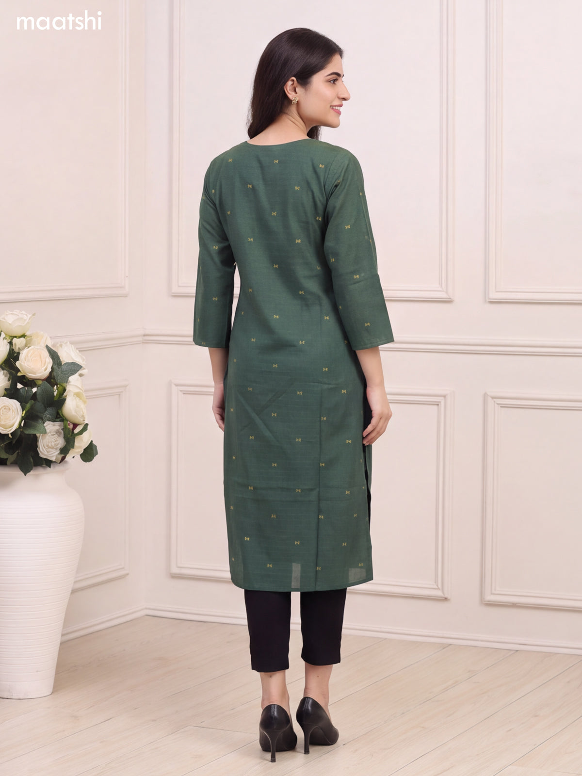 Green Cotton Embroidery Work Long Straight Kurti