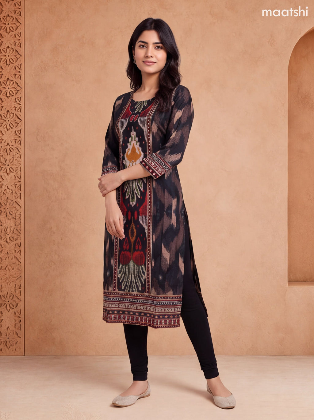 Black Cotton Printed & Embroidery Work Straight Kurti
